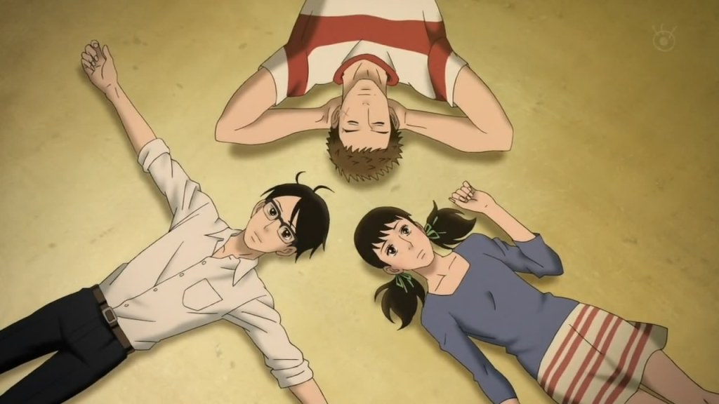 Sakamichi no Apollon:  Sentarou, Ritsuko and kaoru laying on the ground of their basement.