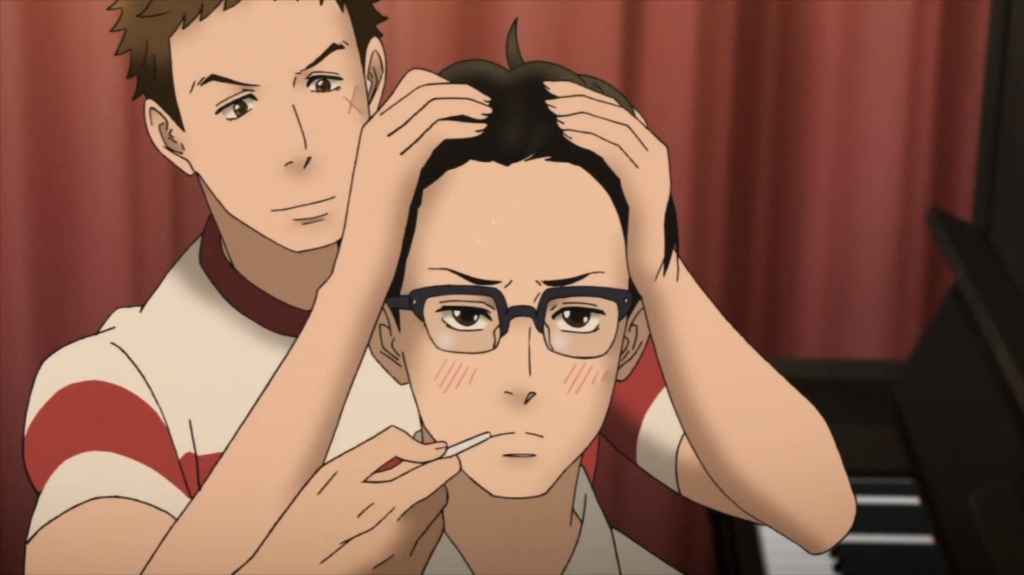 Sentarou fixing Kaoru's hair to look like Bill Evans